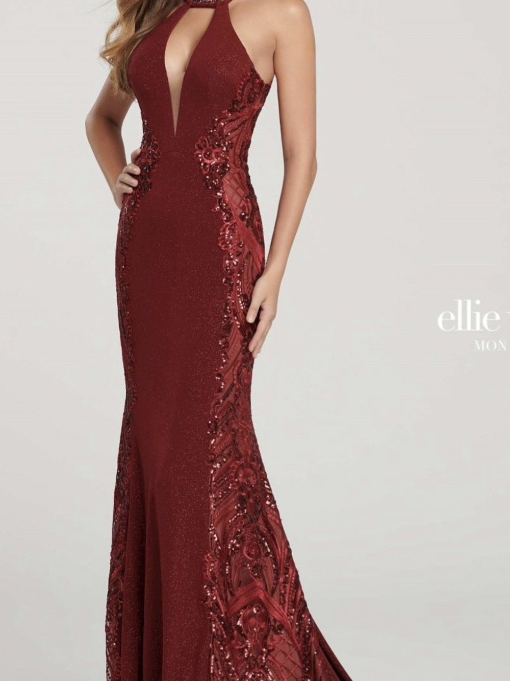 ellie wilde Wine Halter Sequin Embellished Prom Gown